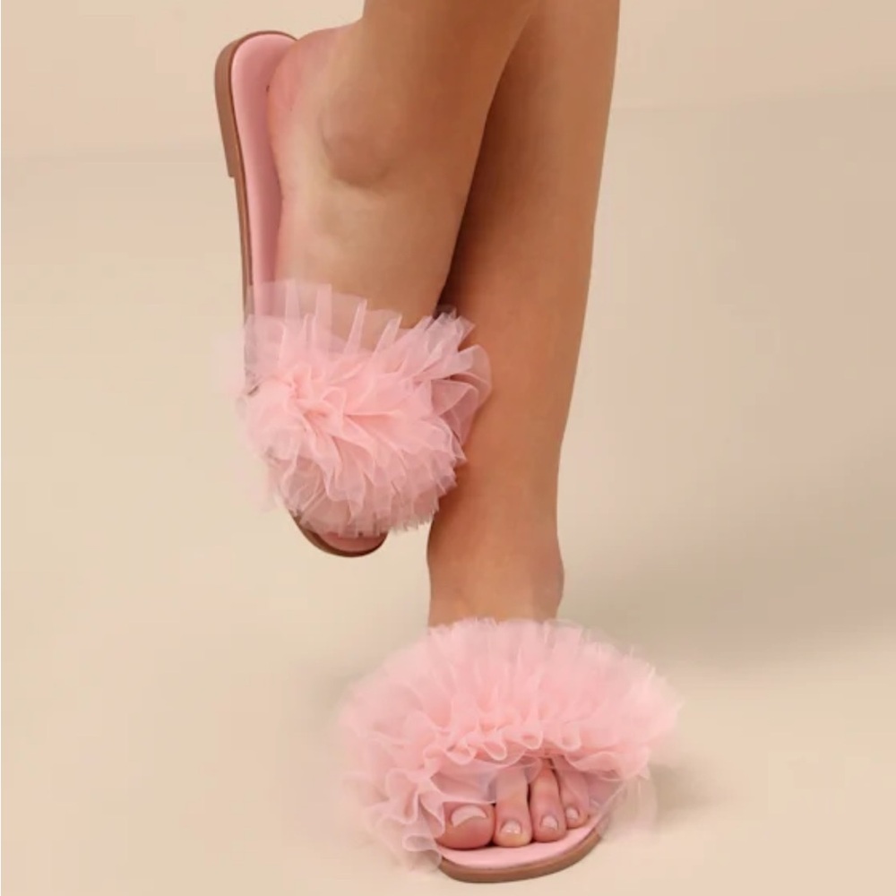 Lulus Pink Ruffle Slide Sandals
